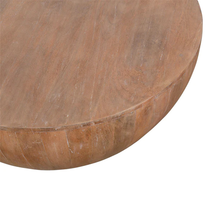 Drum Coffee Table Plank Design Base, Distressed Brown