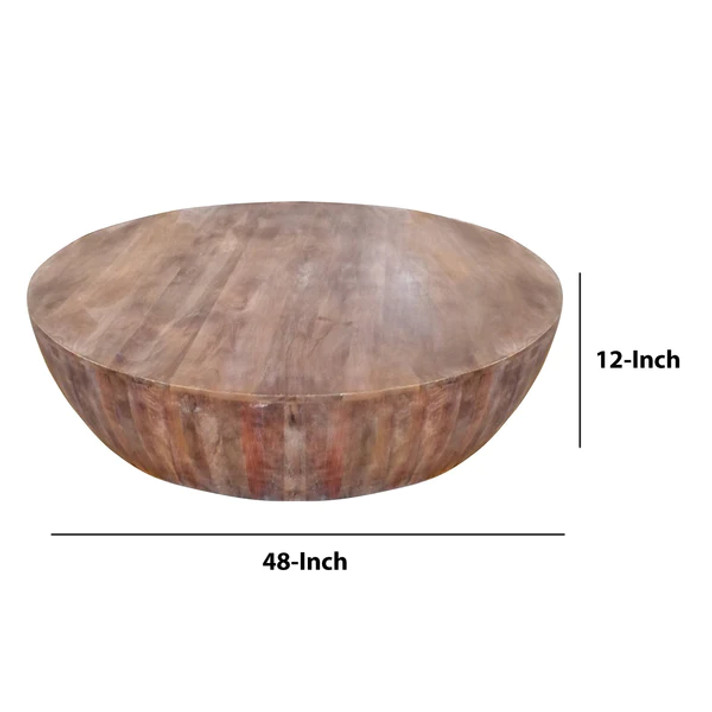 Handcarved Drum Shape Mango Wood Coffee Table, Distressed Brown