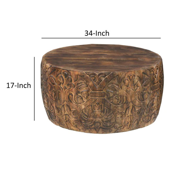 Carved Pattern Drum Coffee Table, Walnut Brown