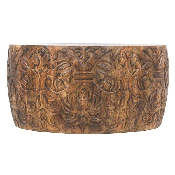 Carved Pattern Drum Coffee Table, Walnut Brown