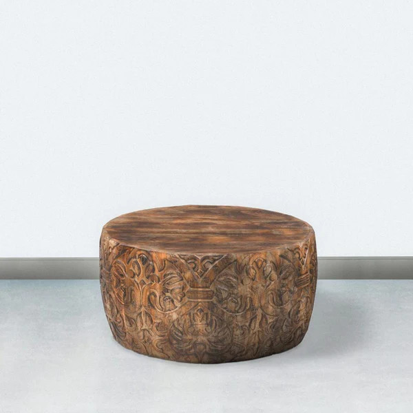 Carved Pattern Drum Coffee Table, Walnut Brown