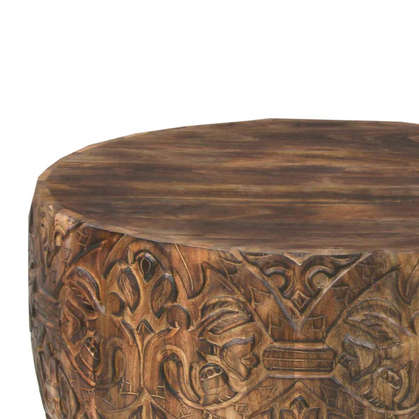 Carved Pattern Drum Coffee Table, Walnut Brown