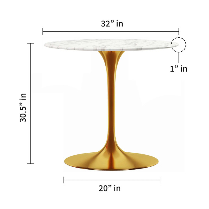 Pedestal Design 32" Round Marble Dining Table, Gold Base