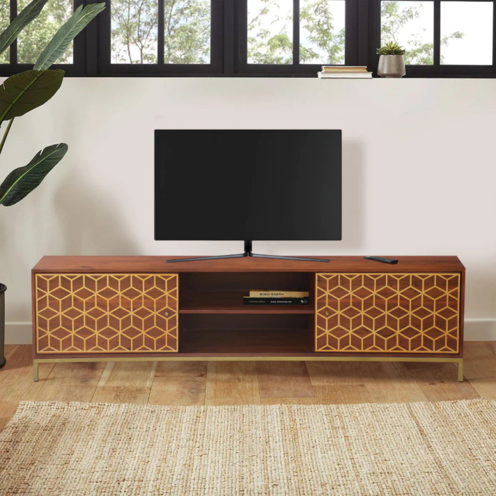 Karma Geometric Print TV Stand, Acacia Wood, Brass