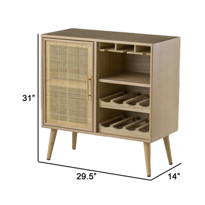 Daria 31 Inch Wood Wine Cabinet Natural, Rattan Doors