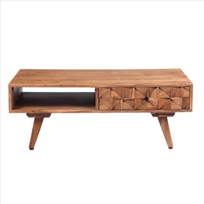 Reese Mid Century Wood Coffee Table With 3D Accent Drawers, Oak Brown