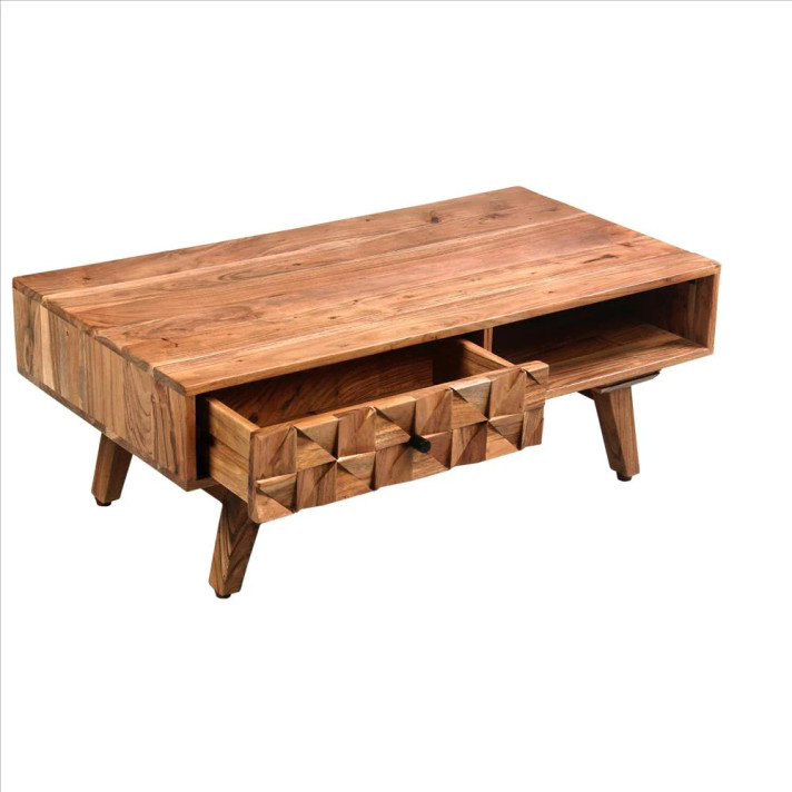 Reese Mid Century Wood Coffee Table With 3D Accent Drawers, Oak Brown