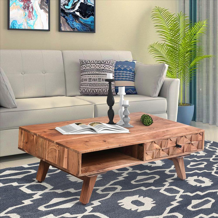 Reese Mid Century Wood Coffee Table With 3D Accent Drawers, Oak Brown