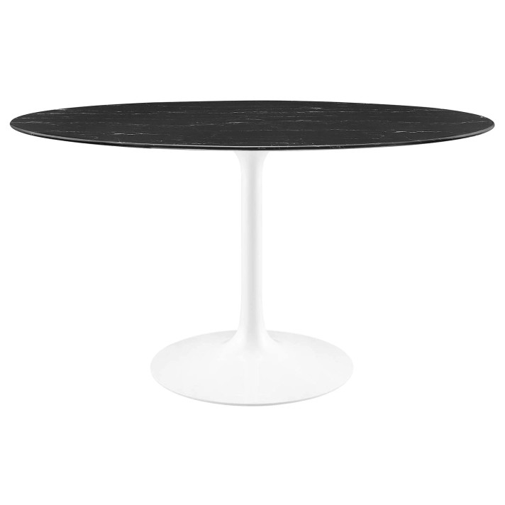 Pedestal Design 54" Oval Black Artificial Marble Dining Table, White Base