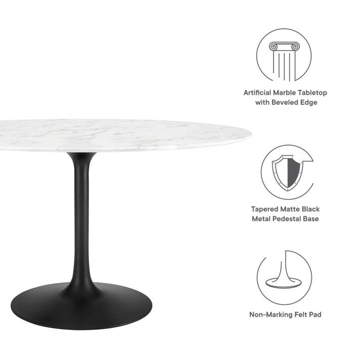 Pedestal Design 54" Oval White Artificial Marble Dining Table, Black Base