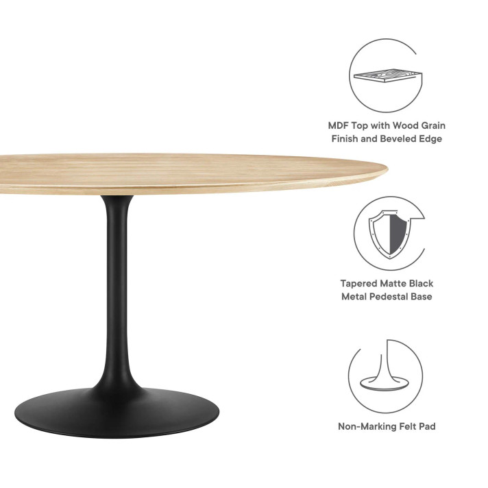 Pedestal Design 60" Round Wood Grain Top Dining Table, Black Base