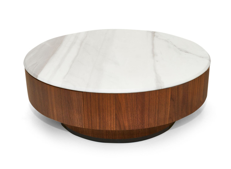 Hassen Walnut and White Marble Round Coffee Table