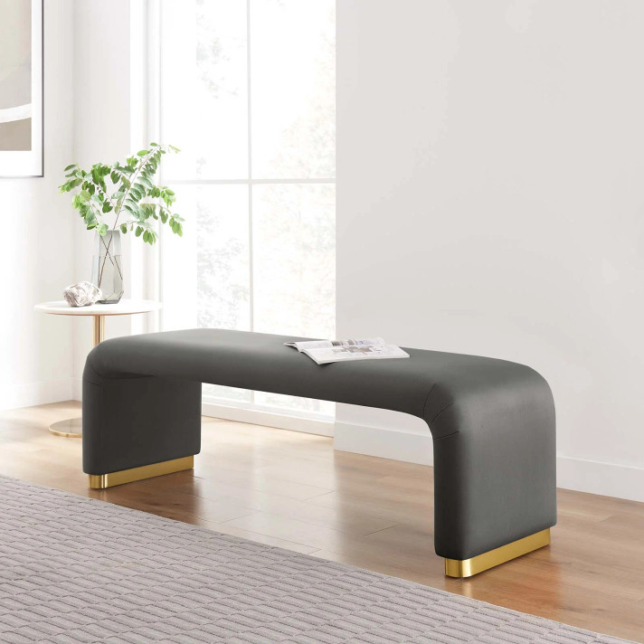 Moda Performance Velvet Waterfall Long Bench, Brass Legs