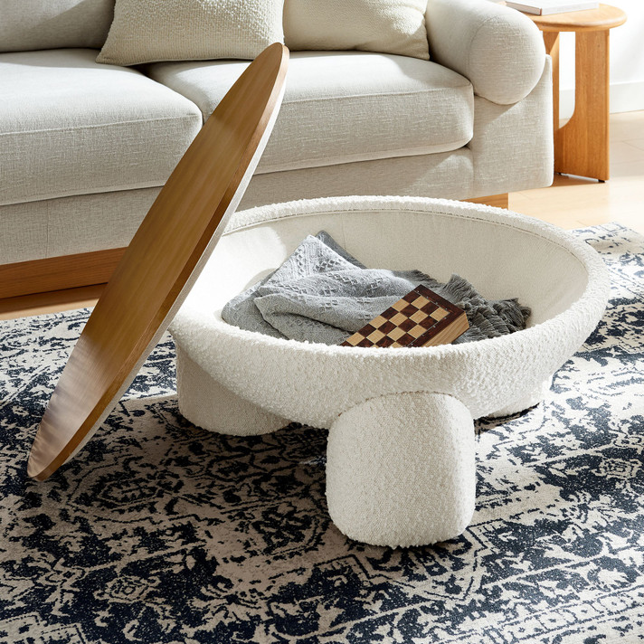 Tendall Round Boucle Upholstered Storage Coffee Table in Natural Ivory