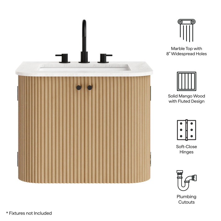 Zaire 24" Wall-Mount Fluted Bathroom Vanity with Marble Sink