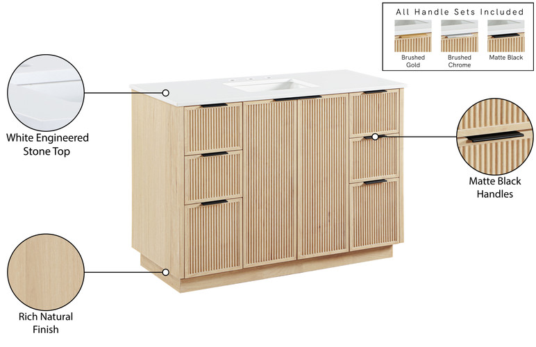 Gia 48" White Engineered Stone And Solid Wood Bathroom Vanity