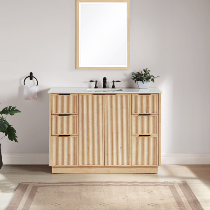 Gia 48" White Engineered Stone And Solid Wood Bathroom Vanity