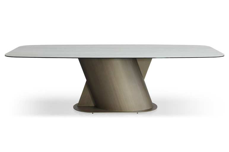 Kimo Modern Faux Travertine Ceramic + Bronze Dining Table