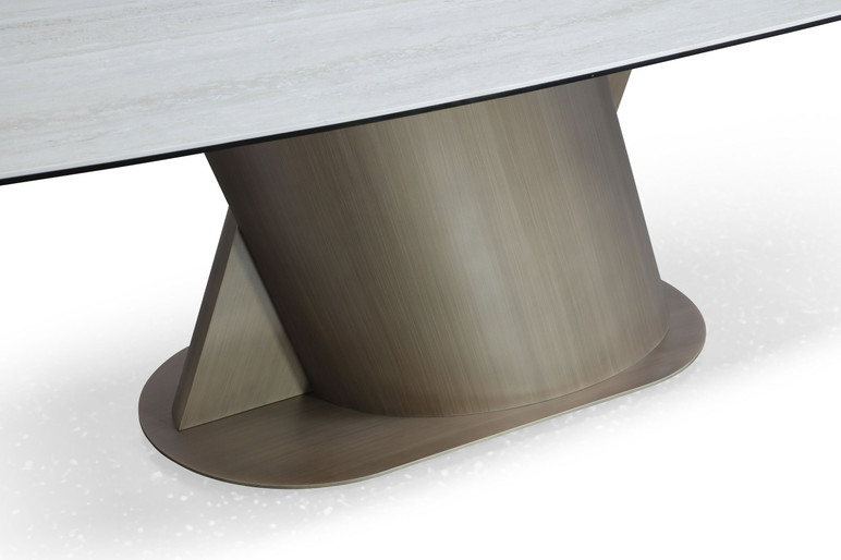 Kimo Modern Faux Travertine Ceramic + Bronze Dining Table