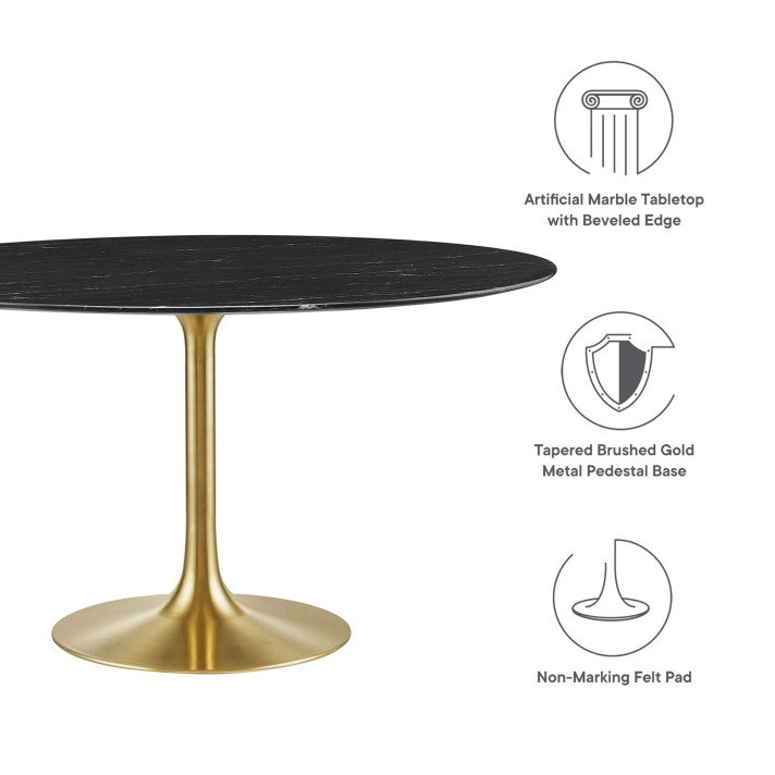 Pedestal Design 54" Round Artificial Marble Dining Table Black, Gold