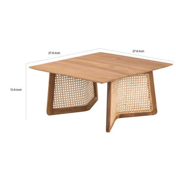 Dolly 28 Inch Rattan Cane Base Teak Wood Coffee Table