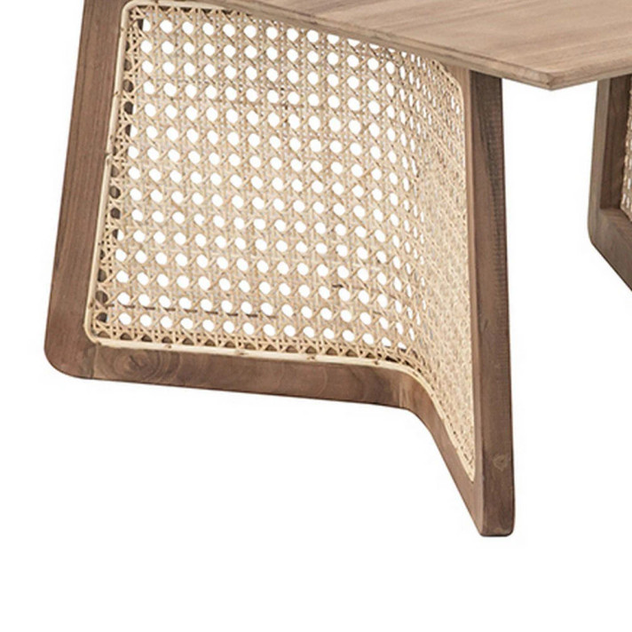 Dolly 28 Inch Rattan Cane Base Teak Wood Coffee Table