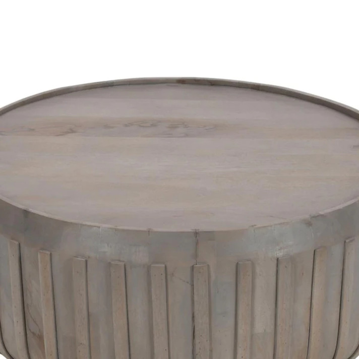 Clarissa 36 Inch Ribbed Drum Coffee Table, Gray Mango Wood