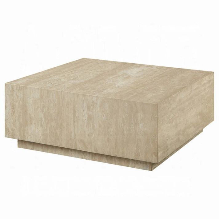 Lowry  35 Inch Square Travertine Top, Natural Wood Coffee Table
