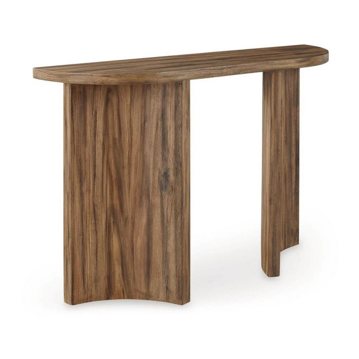 Annie Sofa Console Table, Curved Plinth Base, 52 Inch Brown Oak Wood