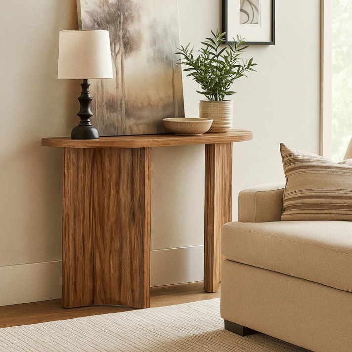 Annie Sofa Console Table, Curved Plinth Base, 52 Inch Brown Oak Wood