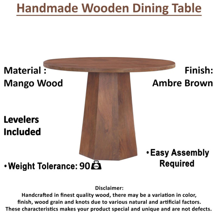 Loma 42 Inch  Round Top Dining Table,  Handmade Amber Brown Mango Wood