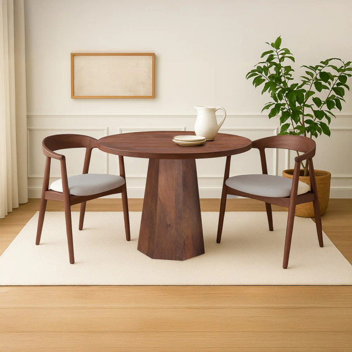 Loma 42 Inch  Round Top Dining Table,  Handmade Amber Brown Mango Wood
