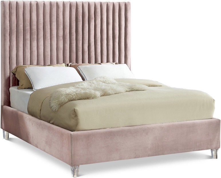 Angora Velvet Upholstered Queen Bed, Blush Pink