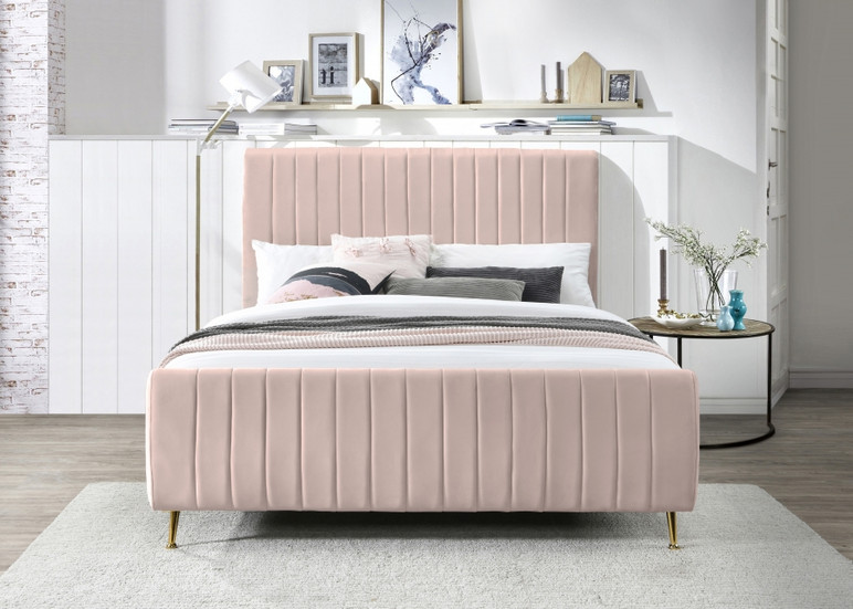 Luella Velvet Upholstered Queen Bed, Blush Pink