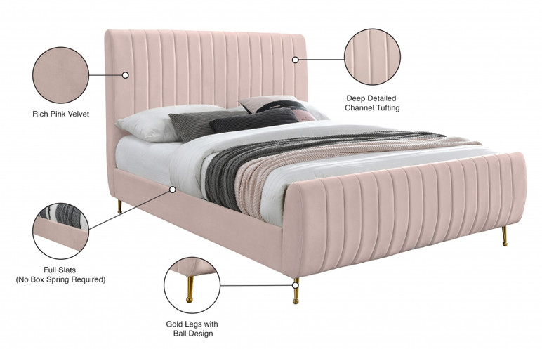 Luella Velvet Upholstered Queen Bed, Blush Pink