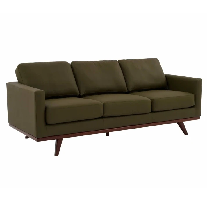Chelsie 3-Seater Vegan Leather Full Size Sofa in Birch Wood Base, Olive Green