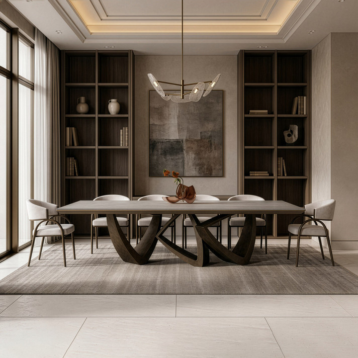 Evermore Modern Faux Travertine Ceramic + Antique Brass Dining Table