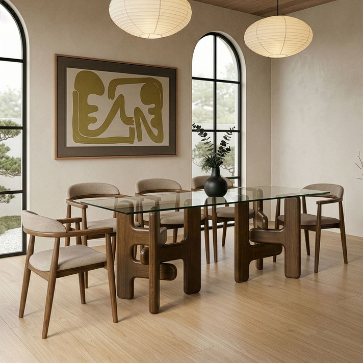 Vesper Glass + Walnut Rectangular Dining Table