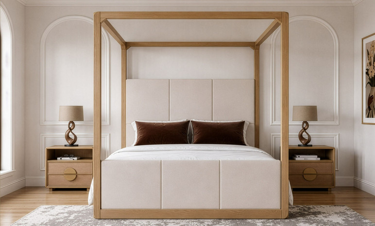 Escata Beige Fabric + Natural Oak Canopy Bed, Eastern King