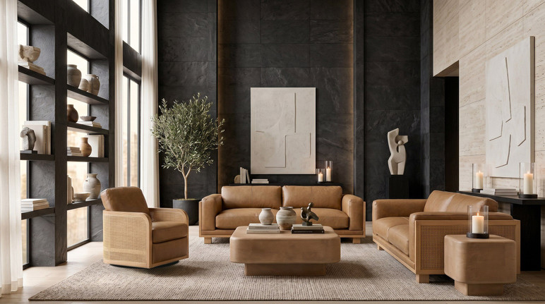 Davenport Tan Leather + Wicker Sofa