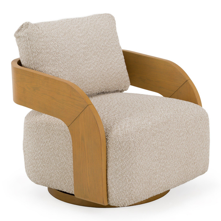 Ulysses Beige Fabric + Natural Oak Swivel Accent Chair