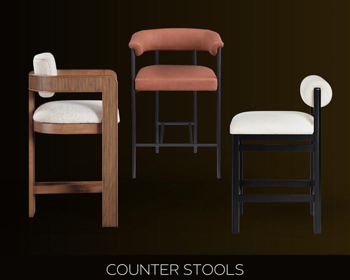 Shop modern counter stools, leather counter stools, boucle counter stools, black counter stools, fabric counter stools, bar stools, wood counter stools, metal counter stools, kitchen counter stools, and more at Designdistrict Modern.