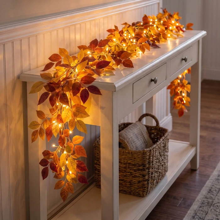 Six Foot Foliage Garland with Warm Golden Lights for Mantels Shelves and Doorways