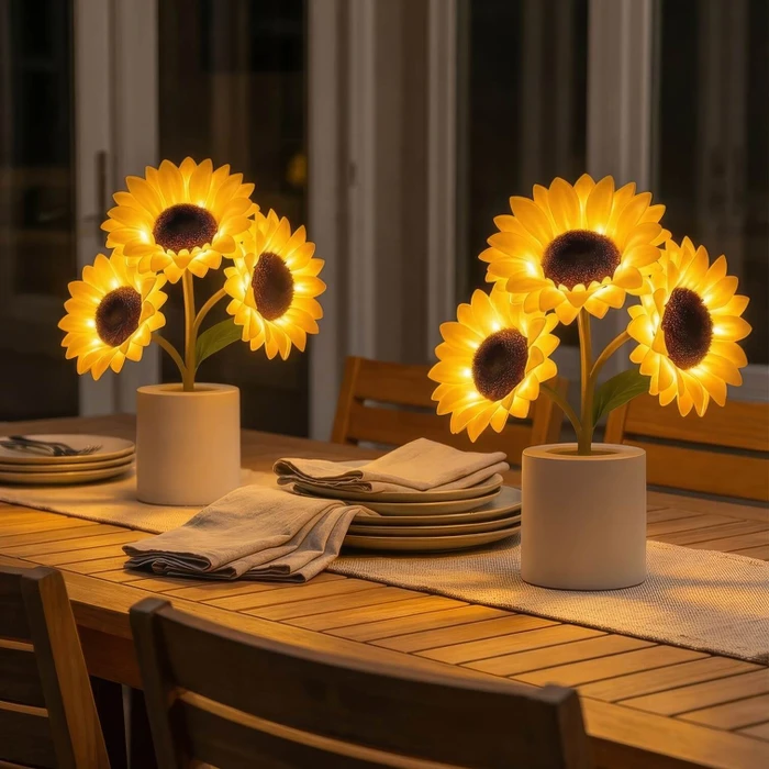 Tall Decorative Sunflower Lamp with Golden Glow and Plug In Charging Cable
