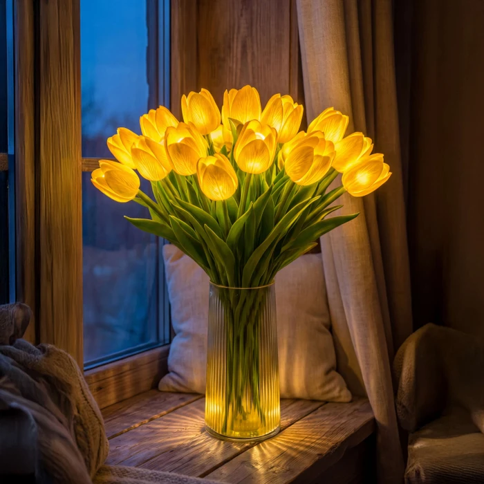 Light Up Tulip Bouquet with Ten Glowing Blooms Battery Powered in Yellow Blue Pink Or Red