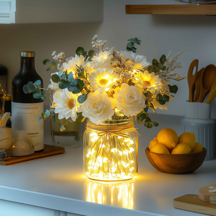 Light Up Flower Jar Arrangement with Warm LED Lights for Tables and Shelves