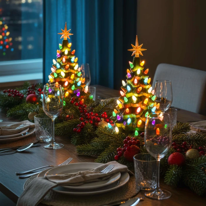 Tabletop Christmas Tree Light with Golden Star Topper Sculpted Evergreen Look and Warm Glow