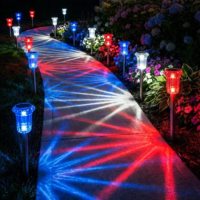Solar Ground Lights Set of 3 with Red Blue and White Glow for Outdoor Celebrations