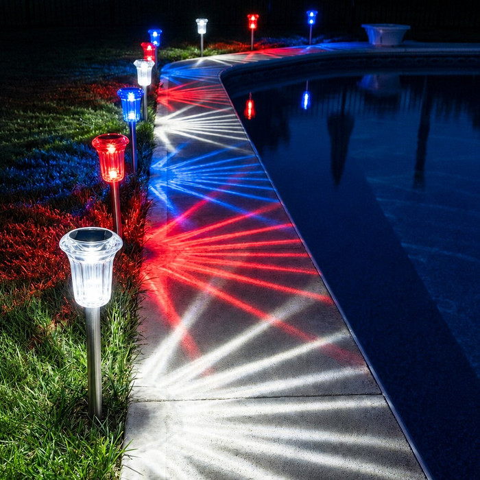 Solar Ground Lights Set of 3 with Red Blue and White Glow for Outdoor Celebrations