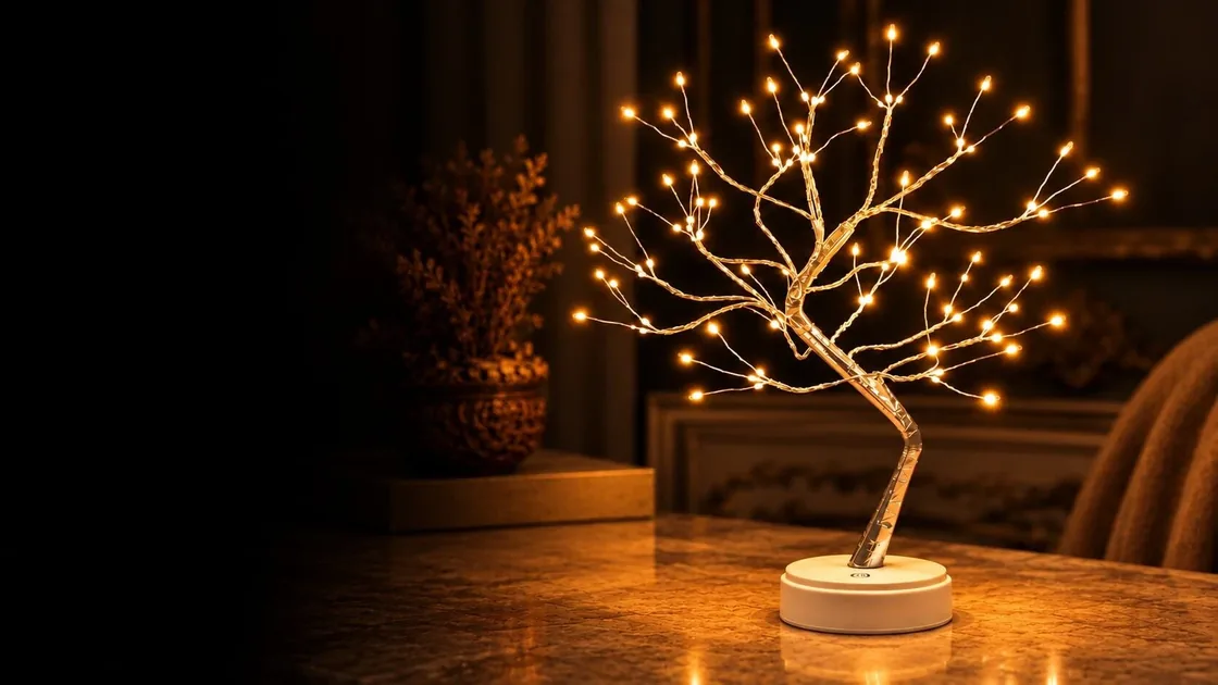 A tabletop tree lamp with glowing branches lighting a dark room